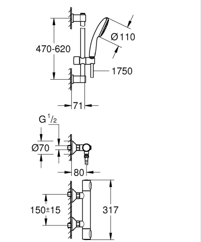 Sisteme de dus - Set de dus Grohe Precision Flow baterie, termostat, coloana de dus, 600 mm, para de dus, crom