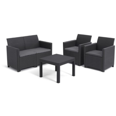 Casa si gradina - Set mobilier de gradina polipropilena Keter Claire pentru terasa cu masa doua fotolii si o canapea design ratan culoare graphite rezistent la UV si intemperii