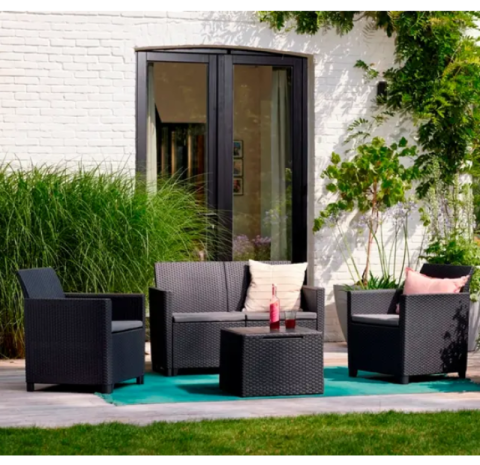 Casa si gradina - Set mobilier de gradina polipropilena Keter Claire pentru terasa cu masa 2 fotolii si canapea culoare graphite cu spatiu depozitare rezistent la UV si intemperii