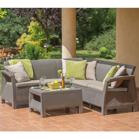 Casa si gradina - Set mobilier pentru terasa polipropilena Keter Corfu Relax aspect ratan canapea 4-5 persoane masuta dreptunghiulara rezistent UV cappuccino-sand