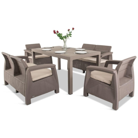 Casa si gradina - Set mobilier pentru gradina polipropilena Keter Corfu Fiesta pentru terasa masa doua canapele doua fotolii culoare cappuccino - sand rezistent la UV si intemperii