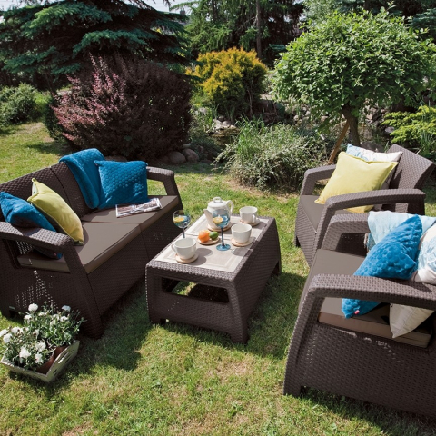 Casa si gradina - Set mobilier de gradina maro polipropilena Keter Corfu pentru terasa cu masuta doua fotolii canapea doua locuri rezistent UV si intemperii