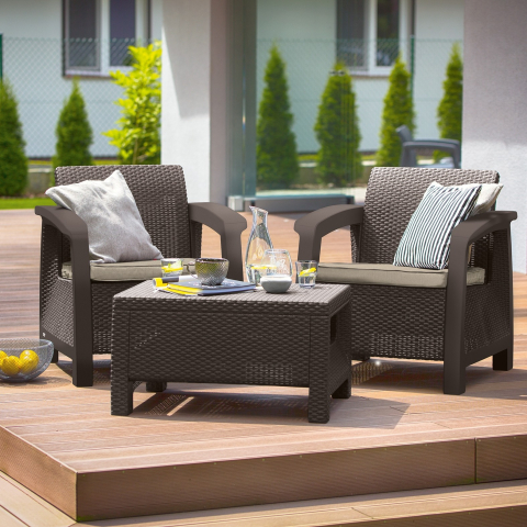 Casa si gradina - Set mobilier terasa maro material polipropilena Keter colectie Corfu Weekend pentru gradina sau balcon cu masuta 2 fotolii imitatie ratan