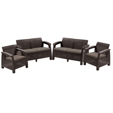 Casa si gradina - Set mobilier de gradina Keter Corfu Rest pentru terasa sau balcon material polipropilena cu aspect ratan fara masa 2 canapele 2 fotolii culoare maro rezistent UV si intemperii