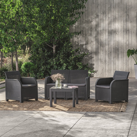 Casa si gradina - Set mobilier de gradina pentru terasa material polipropilena imitatie ratan Keter colectie Rosalie masuta inclusa 1 canapea 2 fotolii culoare graphite rezistent UV si intemperii