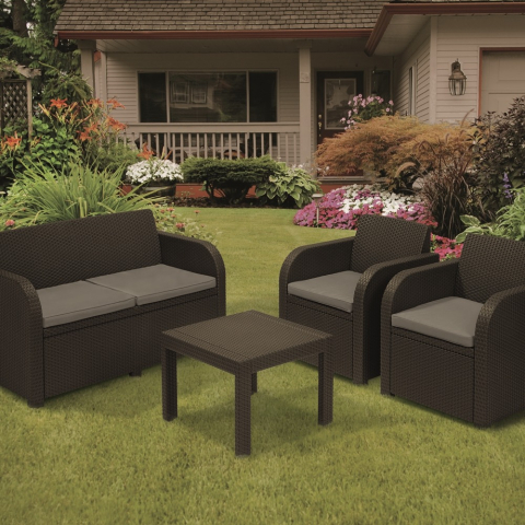 Casa si gradina - Set mobilier de gradina polipropilena Keter Georgia imitatie ratan maro pentru foisor sau terasa cu masuta patrata 4 locuri 2 fotolii 1 canapea