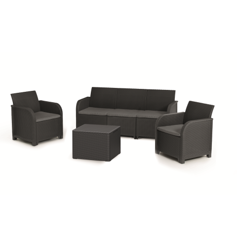 Casa si gradina - Set mobilier pentru terasa polipropilena Keter colectia Rosalie pentru exterior masuta cu spatiu de depozitare 1 canapea 3 locuri 2 fotolii culoare maro 5 locuri