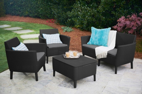 Casa si gradina - Set mobilier pentru gradina polipropilena Keter Salemo pentru terasa masa cu spatiu depozitare canapea 2 fotolii aspect ratan culoare graphite rezistent la UV si intemperii