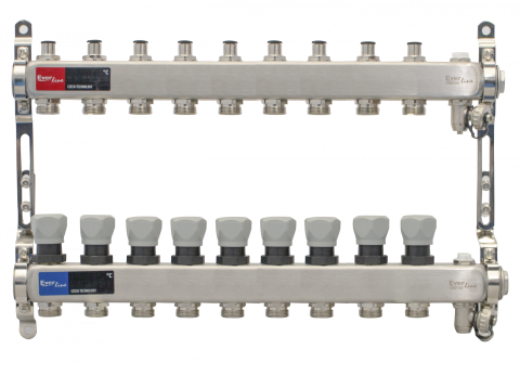 Robineti, distribuitoare si accesorii radiatoare - Set distribuitor INOX cu aerisitor manual si robinet de golire Ermetiq 1tol - 9 cai