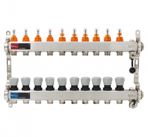 Incalzire - Set distribuitor INOX cu debitmetre, aerisitor manual si robineti de golire Ermetiq 1tol - 10 cai