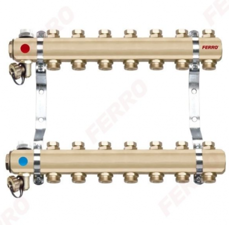 Distribuitoare pentru sanitare - Distribuitoare apa - DISTRIBUITOR COMPLET ECHIPAT CU VENTIL MANUAL SI NIPLU 1" 6 CAI, FERRO RO06S