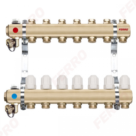 Distribuitoare pentru sanitare - Distribuitoare apa - Distribuitor tur/retur, 6 cai, alama, 1 tol, Ferro RZ06S