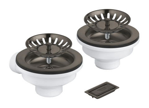 Accesorii bucatarie - Set evacuare chiuveta bucatarie Grohe waste set sink without excenter (2 bowl), pt chiuveta 2 cuve (1 cuva mare + 1 cuva mica), eliberare manual si eliberare automata, placuta preaplin, brushed hard, negru