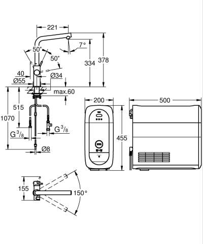Baterii bucatarie cu filtru - Set filtru + baterie, baterie de bucatarie Grohe Blue Home, 3/8'', monocomanda, pipa inalta, filtrare, racire, apa carbogazoasa, cartus ceramic, pivotanta, negru
