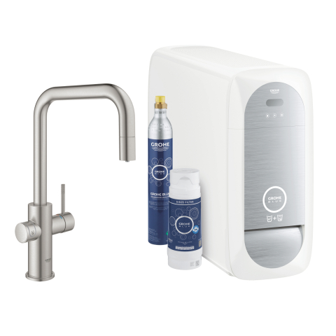 Baterii bucatarie cu filtru - Set filtru cu baterie, baterie de bucatarie Grohe cu filtru Grohe Blue Home tip U, pipa inalta, filtrare, racire si apa carbogazoasa, smart app, crom mat