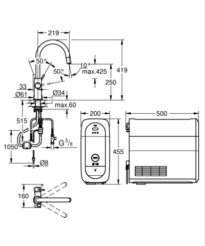Set filtru + baterie bucatarie Grohe Blue Home, 3/8'', pipa inalta, tip C, dubla comanda, filtre, racire, apa carbogazoasa, dus extractabil, smart, negru [3]