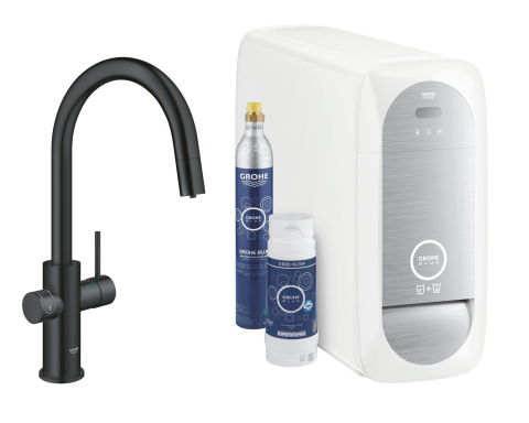 Baterii bucatarie cu filtru - Set filtru + baterie bucatarie Grohe Blue Home, 3/8'', pipa inalta, tip C, dubla comanda, filtre, racire, apa carbogazoasa, dus extractabil, smart, negru