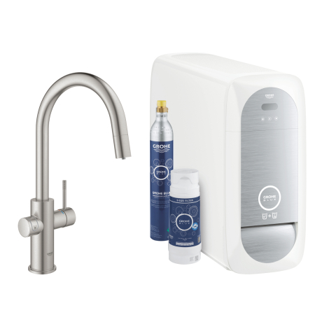 Baterii bucatarie cu filtru - Set filtru cu baterie bucatarie Grohe Blue Home, 3/8'', pipa inalta, dubla comanda, filtre, racire, apa carbogazoasa, dus extractabil, smart crom mat