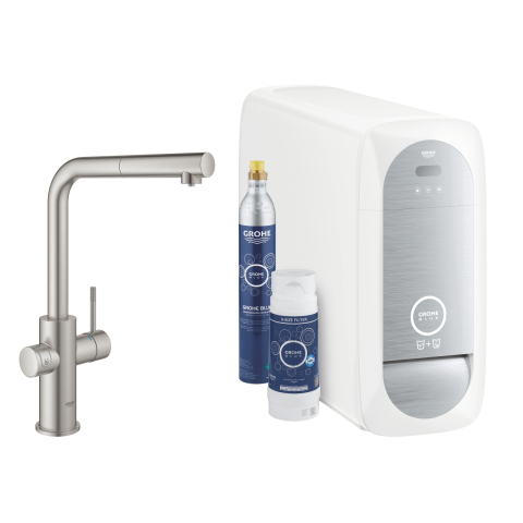 Baterii bucatarie cu filtru - Set filtru cu baterie bucatarie Grohe Blue Home 1/2",monocomanda, pipa tip L, filtrare, racire, apa carbogazoasa, pivotanta, crom mat