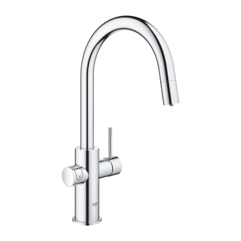 Set filtru cu baterie de bucatarie Grohe Blue Home tip C, pipa inalta, dublu comanda, filtre, racire, apa carbogazoasa, dus extractabil, crom [1]