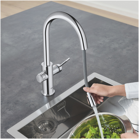 Set filtru cu baterie de bucatarie Grohe Blue Home tip C, pipa inalta, dublu comanda, filtre, racire, apa carbogazoasa, dus extractabil, crom [6]