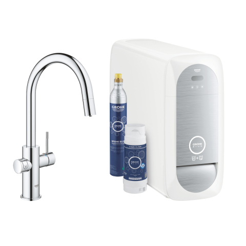 Baterii bucatarie cu filtru - Set filtru cu baterie de bucatarie Grohe Blue Home tip C, pipa inalta, dublu comanda, filtre, racire, apa carbogazoasa, dus extractabil, crom