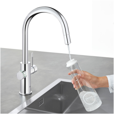 Set filtru cu baterie de bucatarie Grohe Blue Home tip C, pipa inalta, dublu comanda, filtre, racire, apa carbogazoasa, dus extractabil, crom [3]