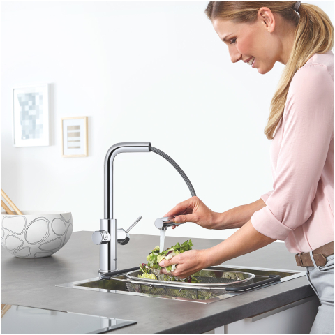 Set filtru cu baterie de bucatarie Grohe Blue Home tip L aerator, tip L, pipa inalta, filtrare, racire, apa carbogazoasa, dus extractabil, crom [4]