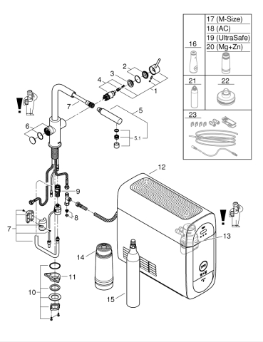 Set filtru cu baterie de bucatarie Grohe Blue Home tip L aerator, tip L, pipa inalta, filtrare, racire, apa carbogazoasa, dus extractabil, crom [10]