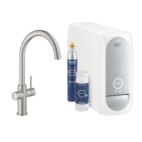 Baterii bucatarie cu filtru - Set filtru cu baterie de bucatarie Grohe Blue Home pipa tip C, monocomanda, pipa inalta, filtare, racire, apa carbogazoasa, pivotanta, limitator, crom mat