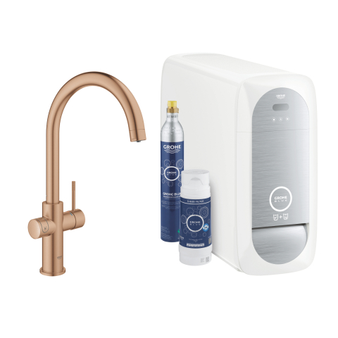 Baterii bucatarie cu filtru - Set filtru + baterie de bucatarie Grohe Blue Home pipa tip C EU, monocomanda, tip C, pipa inalta, filtare, racire, apa carbogazoasa, pivotanta, limitator, cupru mat
