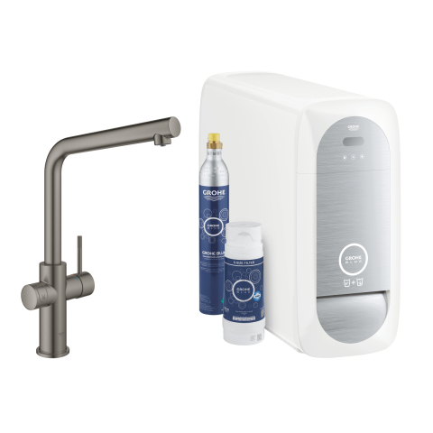 Baterii bucatarie cu filtru - Set filtru + baterie de bucatarie Grohe Blue Home pipa tip L EU, monocomanda, pipa inalta, filtrare, racire, apa carbogazoasa, cartus ceramic, pivotanta, antracit mat