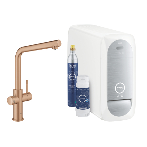 Baterii bucatarie cu filtru - Set filtru + baterie de bucatarie Grohe Blue Home pipa tip L EU, monocomanda, pipa inalta, filtrare, racire, apa carbogazoasa, cartus ceramic, pivotanta, cupru mat