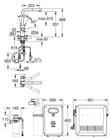 Set filtru + baterie de bucatarie Grohe Blue profesional, pivotanta, pipa tip L, dus extractabil, filtrare, racire, apa carbogazoasa, maner cu butoane 3 tipuri de apa, negru mat [5]
