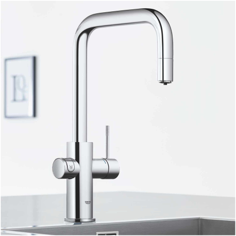 Set filtru cu baterie de bucatarie Grohe cu filtru Grohe Blue Home tip U, pipa inalta, filtrare, racire si apa carbogazoasa, smart app, crom [2]