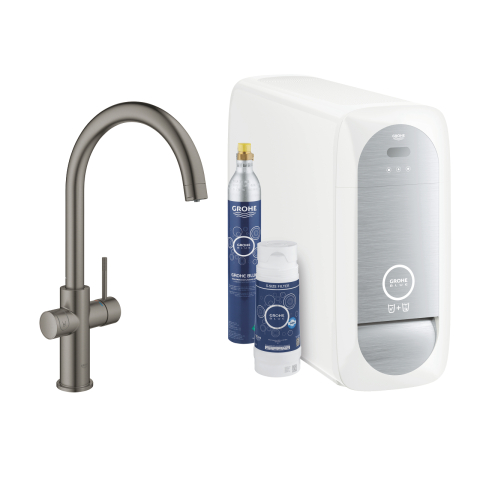 Baterii bucatarie cu filtru - Set filtru + baterie de bucatarie Grohe Blue Home pipa tip C EU, monocomanda, tip C, pipa inalta, filtare, racire, apa carbogazoasa, pivotanta, limitator, m, antracit