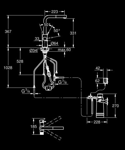 Set filtru cu baterie de bucatarie Grohe Blue Pure Minta pipa tip L, pipa pivotanta, dus extractabil, cartus ceramic, pipa inalta, counter apa, capacitate 600l, in, crom [1]
