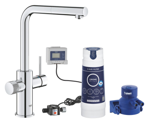 Baterii bucatarie cu filtru - Set filtru cu baterie de bucatarie Grohe Blue Pure Minta pipa tip L, pipa pivotanta, dus extractabil, cartus ceramic, pipa inalta, counter apa, capacitate 600l, in, crom