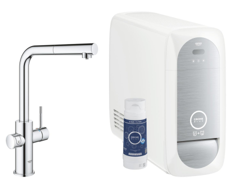 Baterii bucatarie cu filtru - Set filtru cu baterie Grohe Blue Home pipa tip L starter kit, pivotanta, filtrare, racire, apa carbogazoasa, dus extractabil, wifi, crom