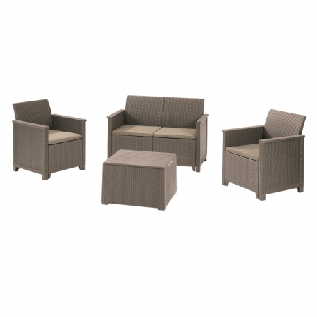 Seturi de mobilier - Set mobilier de gradina, 4 locuri si masa cu spatiu de depozitare, cappuccino, Keter Emma