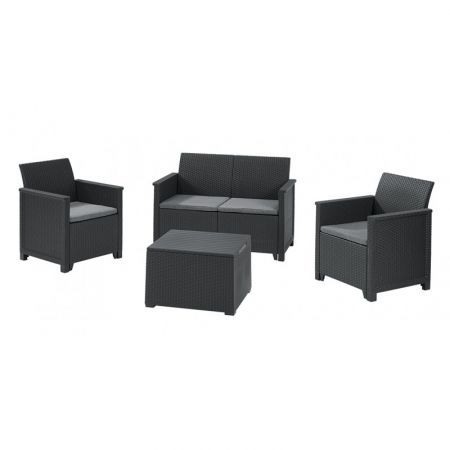 Seturi de mobilier - Set mobilier de gradina, 4 locuri si masa cu spatiu de depozitare, grafit, Keter Emma