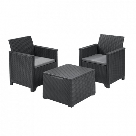 Seturi de mobilier - Set mobilier de gradina, 2 locuri si masa cu spatiu depozitare, grafit, Keter Emma