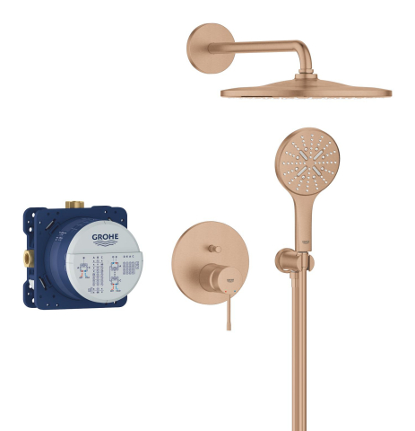 Set sistem de dus Grohe Essence conc 2 functii shw sistem 310, montare pe perete, incastrat, monocomanda, diverter, cartus ceramic, corp instalare inclus, limitator de debit, cupru [3]