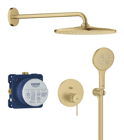 Set sistem de dus Grohe Essence conc 2 functii shw sistem 310, montare pe perete, incastrat, monocomanda, diverter, cartus ceramic, corp instalare inclus, limitator de debit, auriu [2]