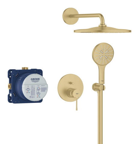 Set sistem de dus Grohe Essence conc 2 functii shw sistem 310, montare pe perete, incastrat, monocomanda, diverter, cartus ceramic, corp instalare inclus, limitator de debit, auriu [3]