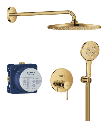 Set sistem de dus Grohe Essence conc 2 functii shw sistem 310, montare pe perete, incastrat, monocomanda, diverter, cartus ceramic, corp instalare inclus, limitator de debit, auriu lucios [2]