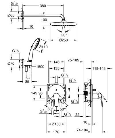Set sistem de dus Grohe Eurosmart cu Tempesta 250, monocomanda, incastrata, diverter, dus de mana, dus fix, necesita corp instalare, crom [3]