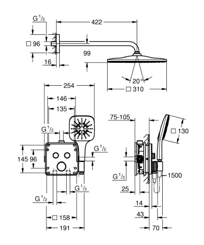 Set sistem de dus Grohe Grohtherm SmartControl concealed sistem de dus cu Rainshower Mono 310 Cube, incastrat, termostat, suport para dus incorporat, dus fix, para dus, corp instalare inclus, negru [3]