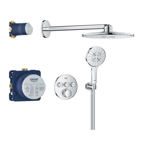 Sisteme de dus - Set sistem de dus Grohe Grohtherm 310 montare pe perete, termostat, incastrata, cartus ceramic, diverter 3 cai, corp instalare inclus, crom