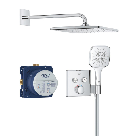 Sisteme de dus - Set sistem de dus Grohe Grohtherm Smartcontrol 310 Cube incastrat, termostat, montare pe perete, suport para dus incorporat, corp instalare inclus, dus fix, diverter 2 cai, crom